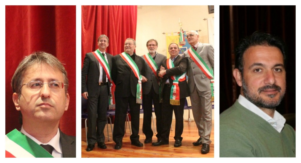 Da sinistra: Corrado Elena, i sindaci firmatari dell'unione e Valerio Urso