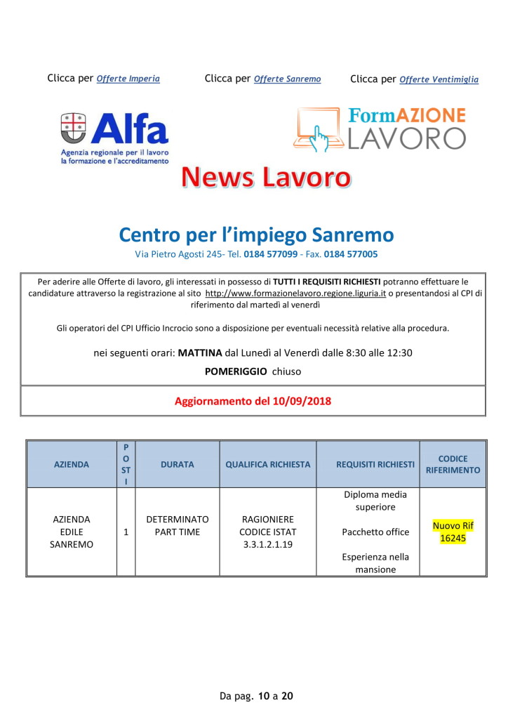 Offerte di lavoro Provincia di Imperia 10 09 2018-10