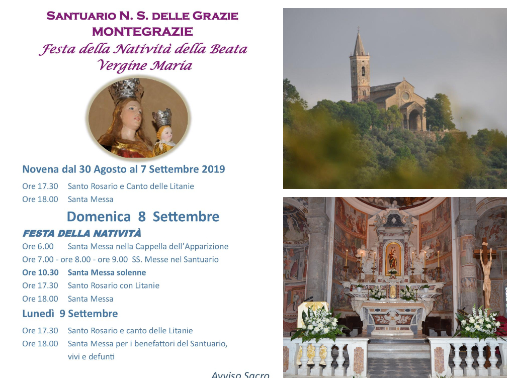 Montegrazie: domenica 8 settembre al santuario N.S. delle Grazie la