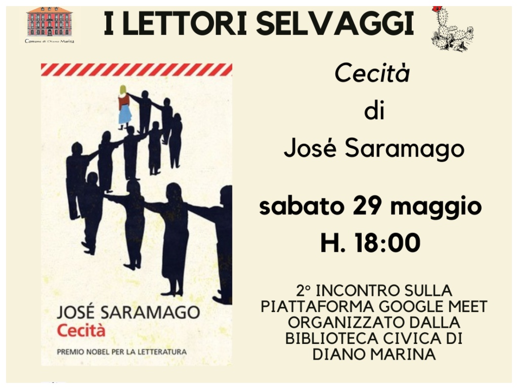 Diano Marina: I Lettori Selvaggi, sabato 29 maggio secondo appuntamento  online con il romanzo Cecità di José Saramago